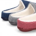 Square design wool knit kids home shoes with opened shape.