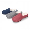 Square design wool knit kids home shoes with opened shape.