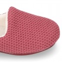 Square design wool knit kids home shoes with opened shape.