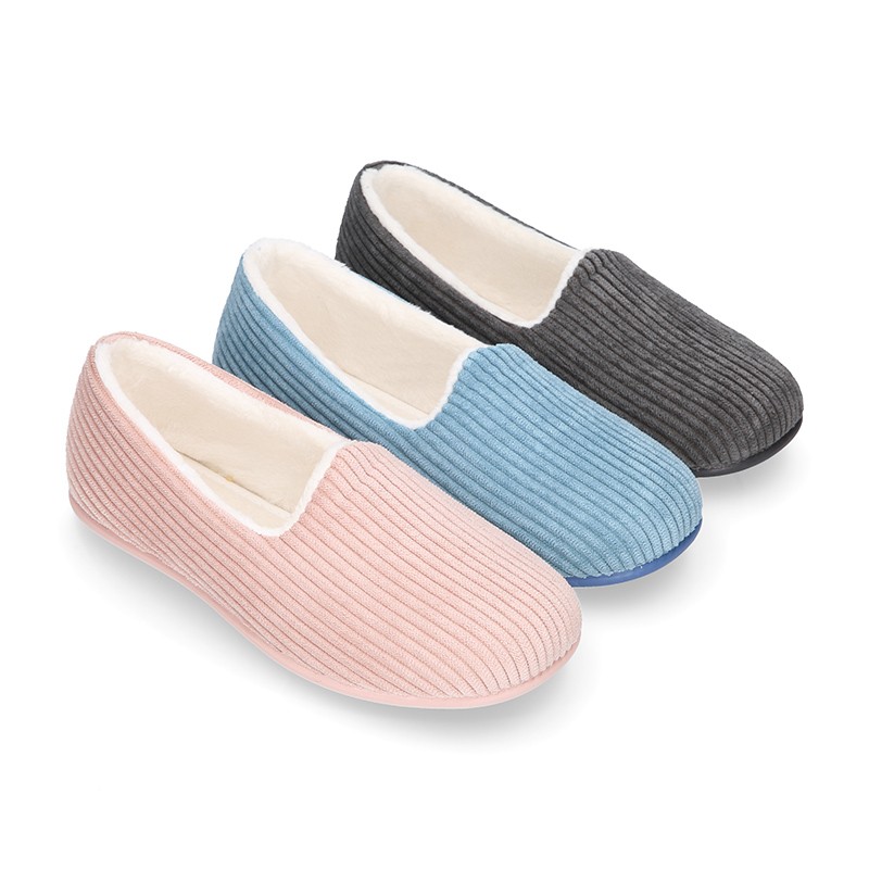 Classic CORDUROY knit closed Kids home shoes. V325 | OkaaSpain