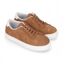 SUEDE LEATHER OKAA kids tennis shoes with laces.