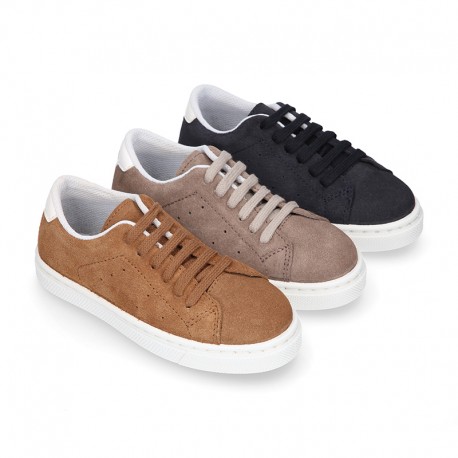 SUEDE LEATHER OKAA kids tennis shoes with laces.
