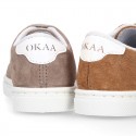 SUEDE LEATHER OKAA kids tennis shoes with laces.