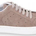 SUEDE LEATHER OKAA kids tennis shoes with laces.