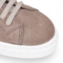 SUEDE LEATHER OKAA kids tennis shoes with laces.