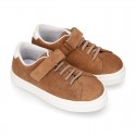 SUEDE LEATHER OKAA kids tennis shoes with elastic laces and hook and loop strap.