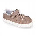 SUEDE LEATHER OKAA kids tennis shoes with elastic laces and hook and loop strap.