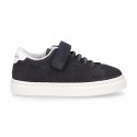 SUEDE LEATHER OKAA kids tennis shoes with elastic laces and hook and loop strap.