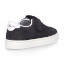 SUEDE LEATHER OKAA kids tennis shoes with elastic laces and hook and loop strap.