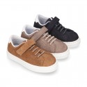 SUEDE LEATHER OKAA kids tennis shoes with elastic laces and hook and loop strap.