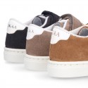 SUEDE LEATHER OKAA kids tennis shoes with elastic laces and hook and loop strap.