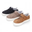 SUEDE LEATHER OKAA kids tennis shoes with elastic laces and hook and loop strap.