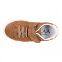 SUEDE LEATHER OKAA kids tennis shoes with elastic laces and hook and loop strap.