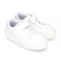 WASHABLE MICRODOT Canvas OKAA kids tennis shoes with elastic laces.