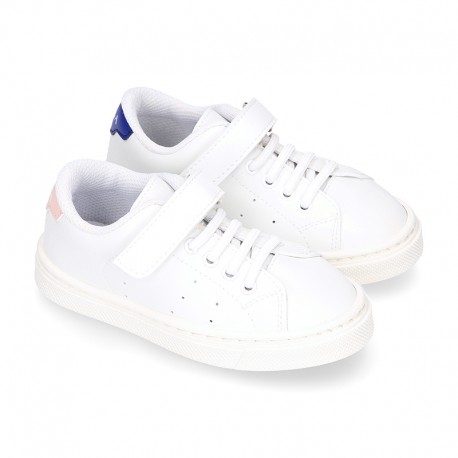 WASHABLE MICRODOT Canvas OKAA kids tennis shoes with elastic laces.