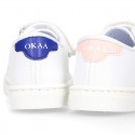 WASHABLE MICRODOT Canvas OKAA kids tennis shoes with elastic laces.