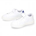 WASHABLE MICRODOT Canvas OKAA kids tennis shoes with elastic laces.