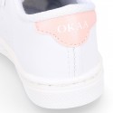 WASHABLE MICRODOT Canvas OKAA kids tennis shoes with elastic laces.