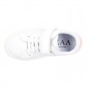 WASHABLE MICRODOT Canvas OKAA kids tennis shoes with elastic laces.