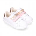 Washable nappa leather school Girl tennis shoes laceless with combined triple hook and loop straps.