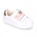 Washable nappa leather school Girl tennis shoes laceless with combined triple hook and loop straps.