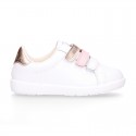 Washable nappa leather school Girl tennis shoes laceless with combined triple hook and loop straps.