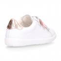 Washable nappa leather school Girl tennis shoes laceless with combined triple hook and loop straps.