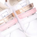 Washable nappa leather school Girl tennis shoes laceless with combined triple hook and loop straps.