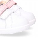 Washable nappa leather school Girl tennis shoes laceless with combined triple hook and loop straps.