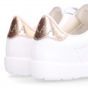 Washable nappa leather school Girl tennis shoes laceless with combined triple hook and loop straps.