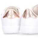 Washable nappa leather school Girl tennis shoes laceless with combined triple hook and loop straps.