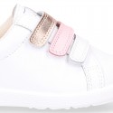 Washable nappa leather school Girl tennis shoes laceless with combined triple hook and loop straps.