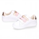 Washable nappa leather school Girl tennis shoes laceless with combined triple hook and loop straps.