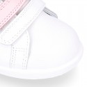 Washable nappa leather school Girl tennis shoes laceless with combined triple hook and loop straps.