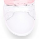 Washable nappa leather school Girl tennis shoes laceless with combined triple hook and loop straps.