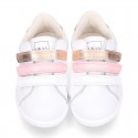 Washable nappa leather school Girl tennis shoes laceless with combined triple hook and loop straps.