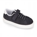 SUEDE LEATHER OKAA kids tennis shoes with elastic laces and hook and loop strap.