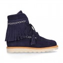 MOHICAN style Girl ankle boots with fringed design and tassels in suede leather.