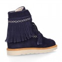 MOHICAN style Girl ankle boots with fringed design and tassels in suede leather.