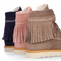 MOHICAN style Girl ankle boots with fringed design and tassels in suede leather.