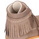 MOHICAN style Girl ankle boots with fringed design and tassels in suede leather.