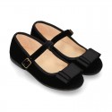 BLACK velvet canvas OKAA Girl Mary Janes with bow and buckle fastening.