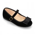 BLACK velvet canvas OKAA Girl Mary Janes with bow and buckle fastening.