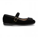 BLACK velvet canvas OKAA Girl Mary Janes with bow and buckle fastening.