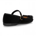 BLACK velvet canvas OKAA Girl Mary Janes with bow and buckle fastening.