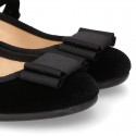 BLACK velvet canvas OKAA Girl Mary Janes with bow and buckle fastening.