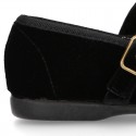 BLACK velvet canvas OKAA Girl Mary Janes with bow and buckle fastening.