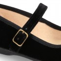 BLACK velvet canvas OKAA Girl Mary Janes with bow and buckle fastening.