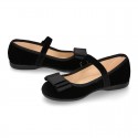 BLACK velvet canvas OKAA Girl Mary Janes with bow and buckle fastening.