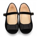 BLACK velvet canvas OKAA Girl Mary Janes with bow and buckle fastening.